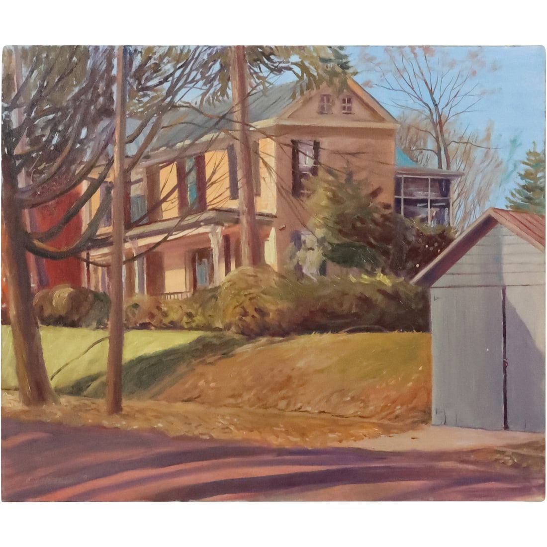 E J Hartmann 1990, Oil Painting on Board, Colonial Home on Rural Street (1 of 20)