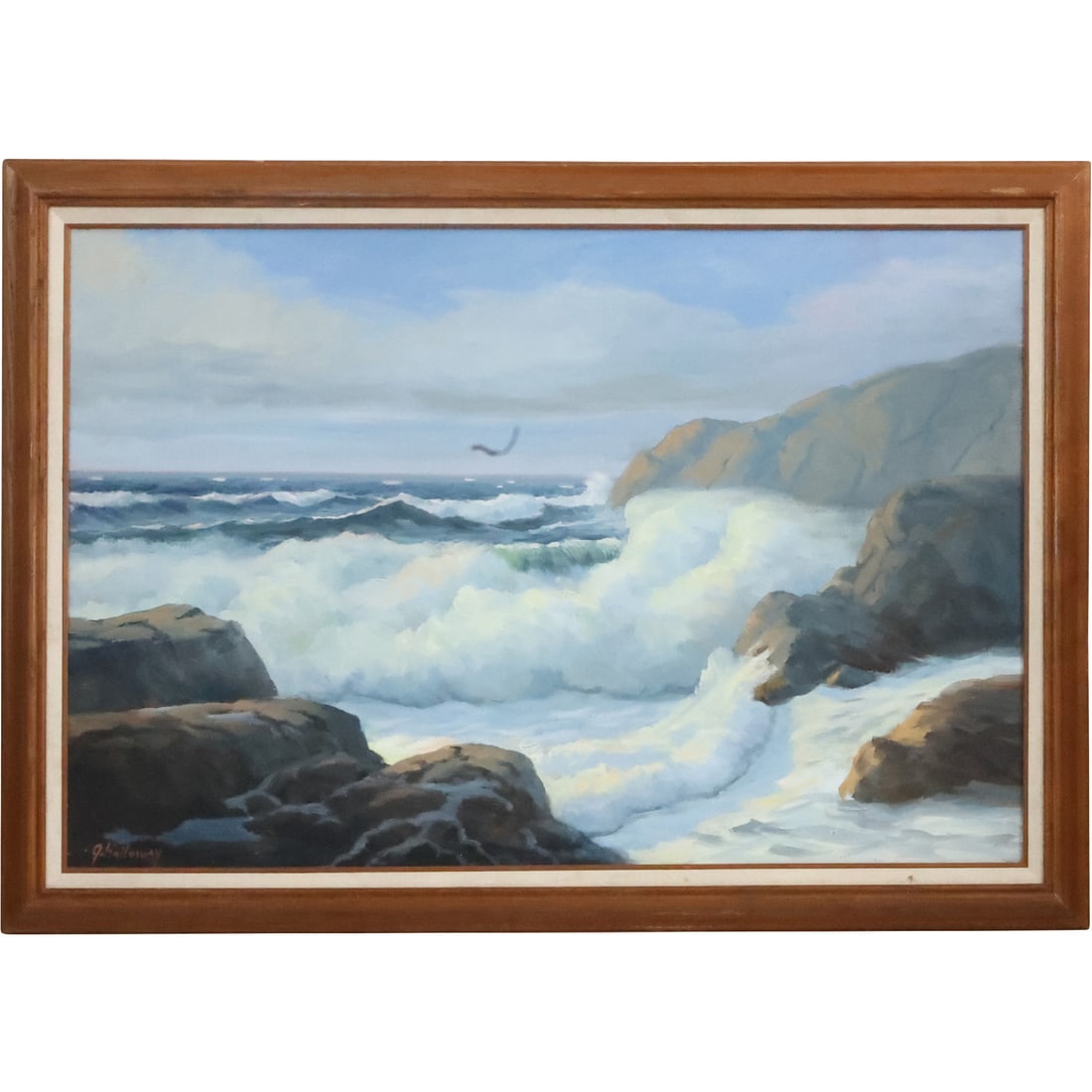 George Holloway, Fine 20th C. Oil on Canvas Painting, Seascape with Crashing Waves on Rocks: George Holloway, Fine 20th C. Oil on Canvas Painting, Seascape with Crashing Waves on Rocks. Signed and Framed. Well Listed American Artist. size: 24 x 36, 28.5 x 40.5 outside frame. ASKart: George Ho