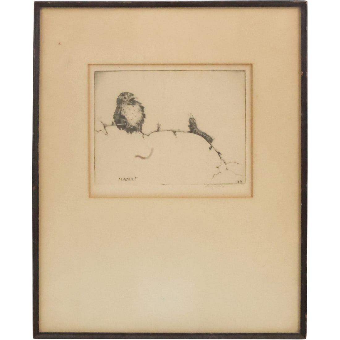 Pencil Signed George Grant, Original Etching Bird on Branch "Mama", Framed, Label on Verso (1 of 18)