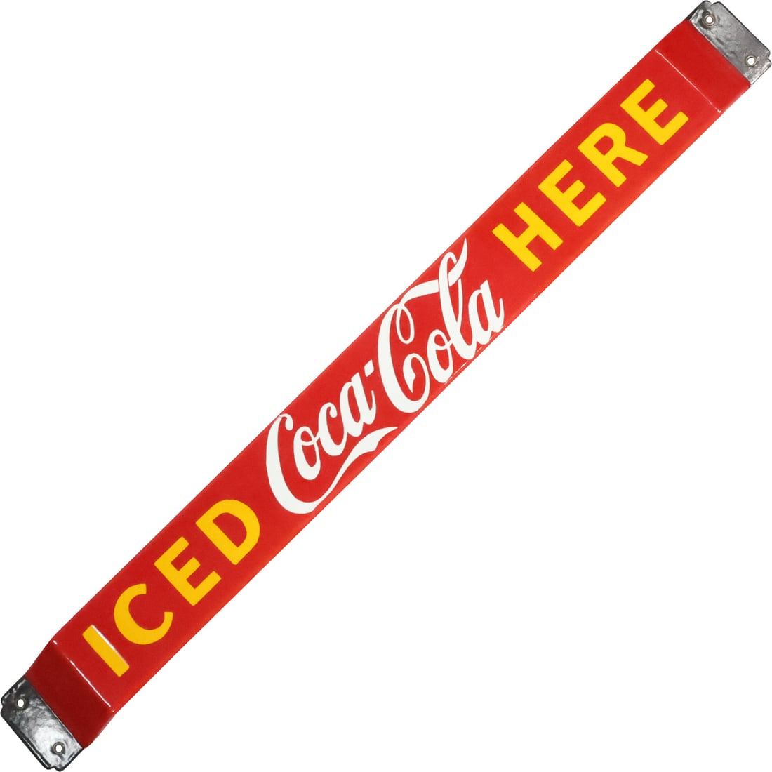 "Iced COCA-COLA Here" Tin Advertising Door Mount Sign 32 inches length: "Iced COCA-COLA Here" Tin Advertising Door Mount Sign 32 inches length. size: 3 x 32 x 1.25