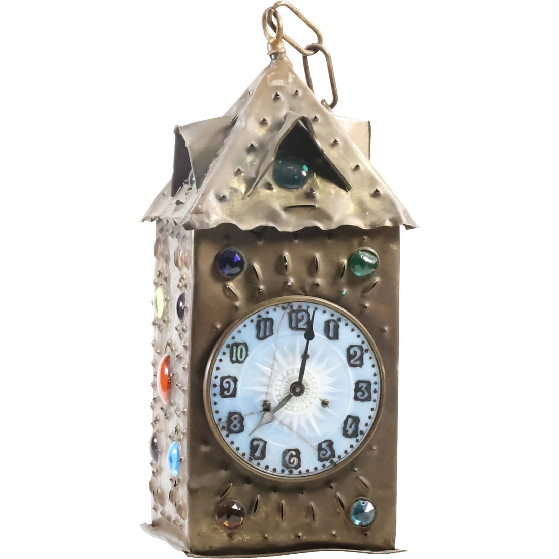 Ansonia Pat'd 1892 Jeweled Brass Lantern Clock 14.25 inches height x 6 in. x 6 in.: Jeweled Brass Lantern Clock Brass clock features opaque glass face with sun and cabachon jewels on body. Very good condition and patina size: 14.25 x 6 x 6