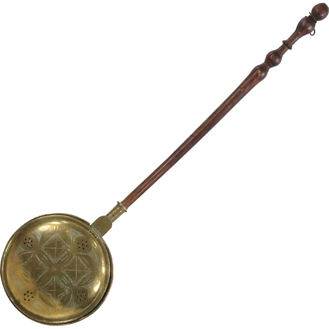 19th C. Tooled and Incised Decorated Brass Bed Warmer with Long Handle 46 in. length (1 of 20)