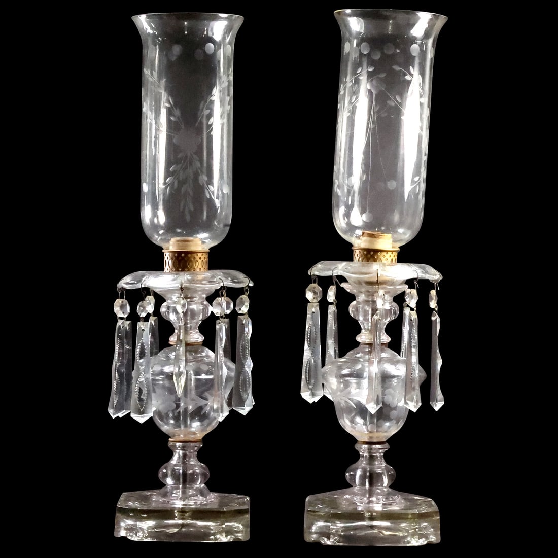 Pair Crystal Glass Hurricane Lamps with Etched Shades and Crystal Prisms 21 in. height (1 of 20)