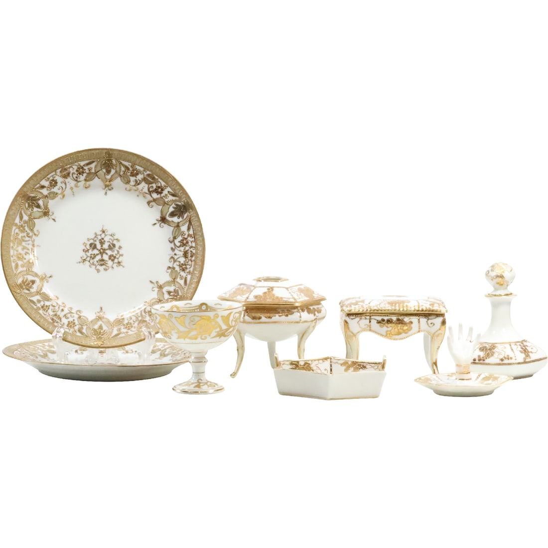 8 Pieces Assorted White and Gold Gilt NIPPON Fine Porcelain: 8 Pieces Assorted White and Gold Gilt NIPPON Fine Porcelain. size: in picture order - (2.5 x 3.5 x 3.25), (1.25 x 4 x 4.5), (3 x 3.25), (4.25 x 3.75), (2.75 x 4 x 3), (3.75 x 4.25), (.75 x 7.5)