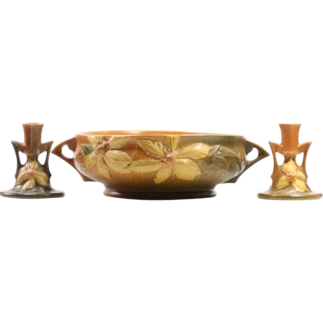 3-Piece Roseville Art Pottery Clematis Center Bowl with 2 Candlesticks, 1159-11 (1 of 20)