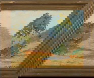 Paul Lauritz; American Oil California Landscape Signed: Paul Lauritz (1889 - 1975) oil on board. California Landscape. Signed lower right and faintly inscribed on reverse. Housed in original period hand carved frame. Inscribed Birger Sandzen on frame; 16in
