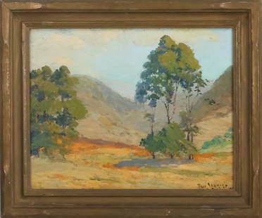 Paul Lauritz; American Oil California Landscape Signed: Paul Lauritz (1889 - 1975) oil on board. California Landscape. Signed lower right and faintly inscribed on reverse. Housed in original period hand carved frame. Inscribed Birger Sandzen on frame; 16in