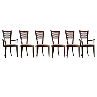 Costantini Pietro; Set of Six(6) Fine Italian Modernist Zebrawood Dining Chairs: Set of six(6) Mid-Century Modern Italian zebrawood upholstered dining chairs. Two(2) armchairs, four(4) side chairs. Designed by Costantini Pietro for Ello Furniture Mgf. Co. High end designer upholst