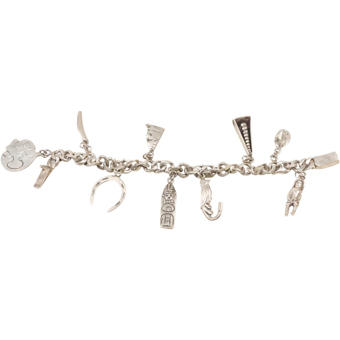 Sterling Silver Unusual Egyptian Revival Charm Bracelet with 9 Sterling Charms, Weighs 60 grams (1 of 16)