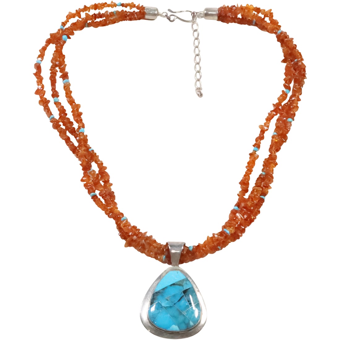 Marked: DTR 925 Sterling Native American Indian Style Inlaid Turquoise Pendant on 3-Strand (1 of 19)