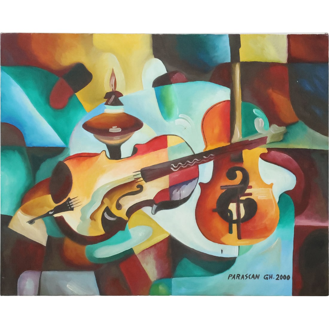 Signed Parascan GH, 20th C. Abstract Composition with 2 Violins Oil on Canvas Painting (1 of 19)