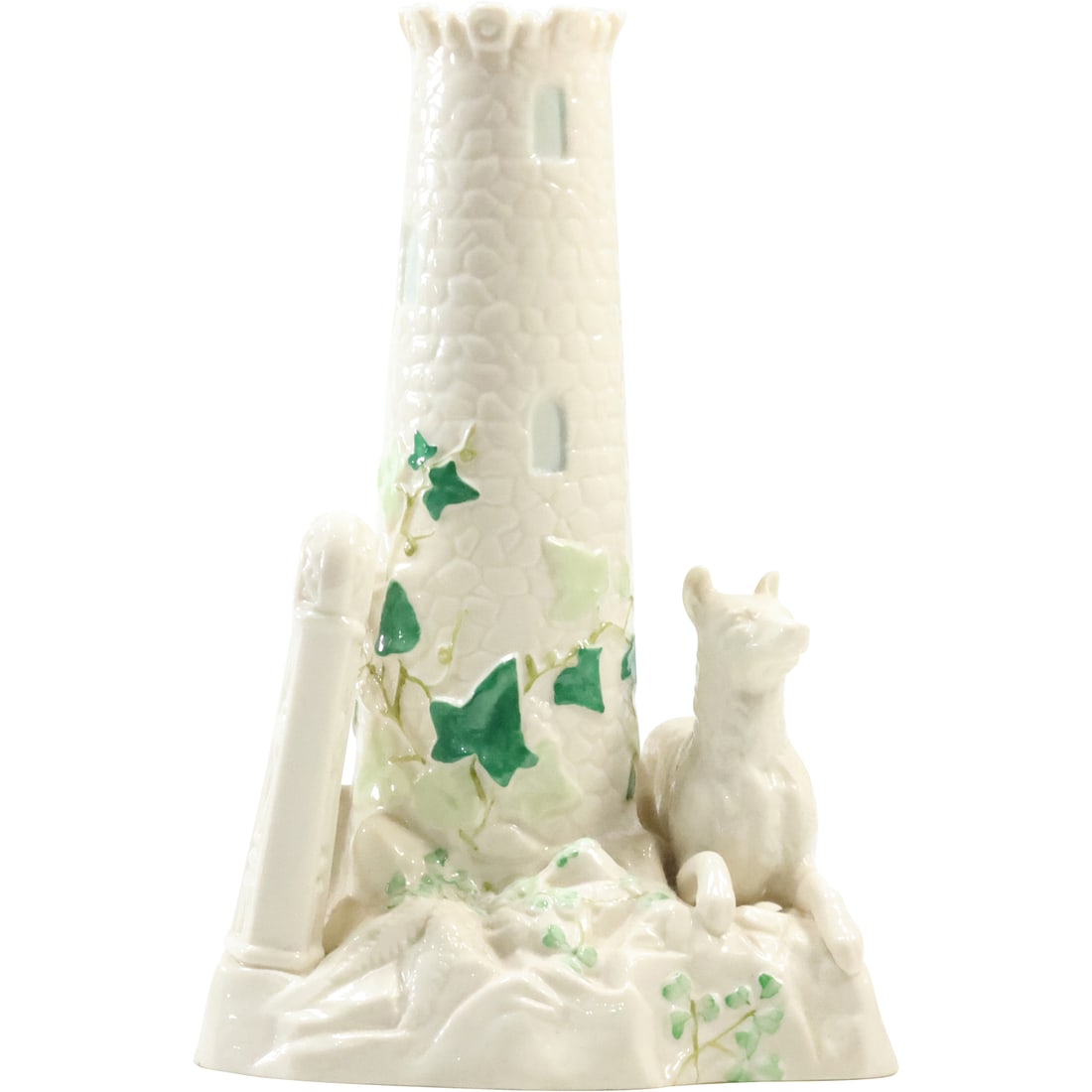 1980's Belleek Rare Round Tower Centerpiece with Dog and Harp 8.5 inches height: 1980's Belleek Rare Round Tower Centerpiece with Staffordshire Dog and Harp with Green Ivy Accents size: 8.5 in. x 5.25 in. x 5 in.