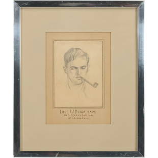 John Strickland Goodall, British (1908-1996), Lieut. T.J. Bligh R.N.V.R. 1942 Pencil Drawing Framed: John Strickland Goodall, British (1908-1996), Lieut. T.J. Bligh R.N.V.R. 1942 Pencil Drawing Framed. size: 7 x 5 matte, 11.75 x 9.75 outside frame