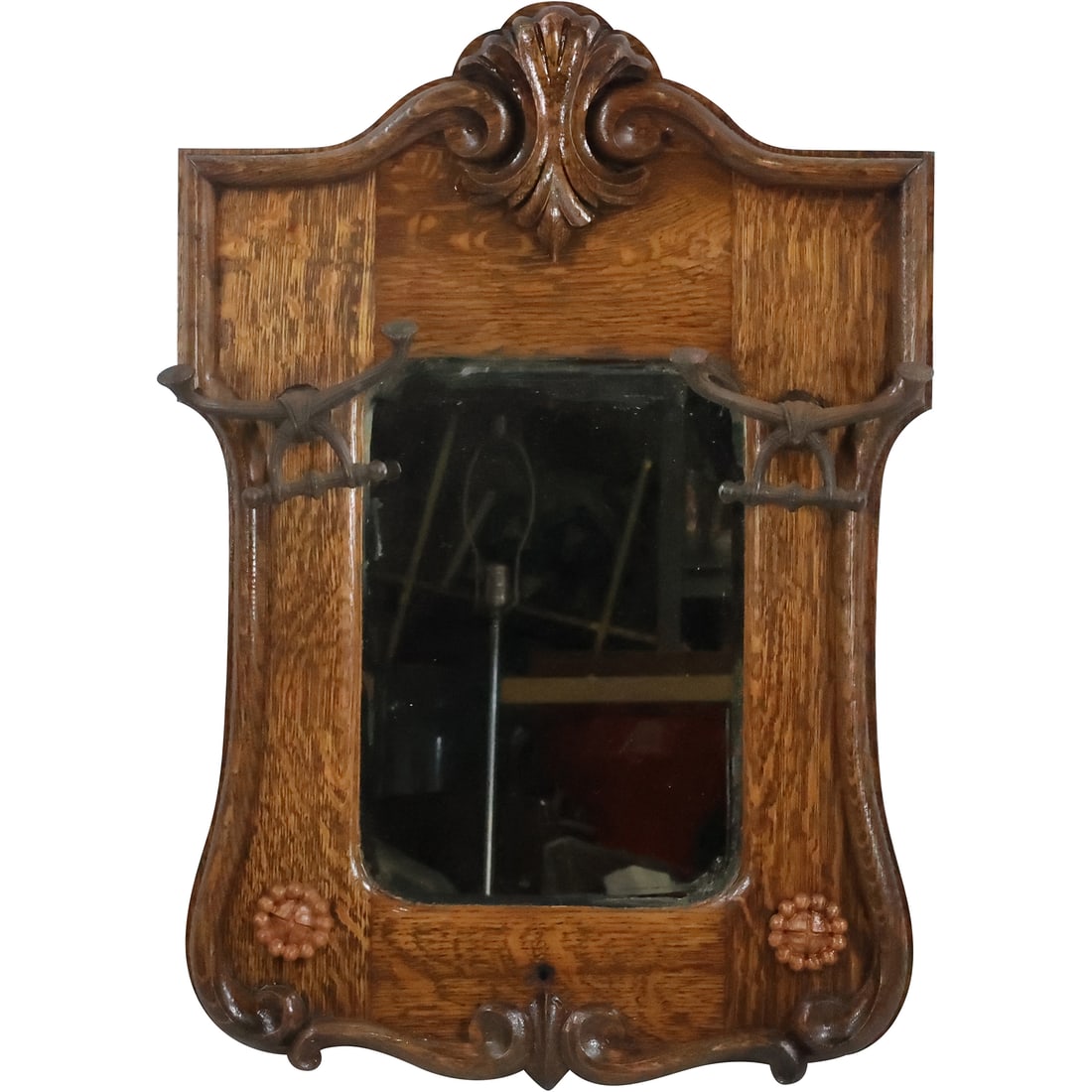 Victorian Circa 1910 Larkin Oak Wall Mirror with Coat Hooks, Bevel Mirror, 25 in. x 18 in. (1 of 20)