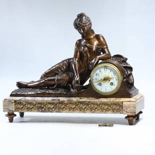 Circa 1900 Art Nouveau Reclining Woman Cast Metal Spelter and Marble Mantle Clock 17.75 in. length: Circa 1900 Art Nouveau Reclining Woman Cast Metal Spelter and Marble Mantle Clock 17.75 in. length. Signed Ferville Suan. Charles Georges Ferville-Suan (1847 - 1925) size: 14 x 17.75 x 5.5 . ASKart: C