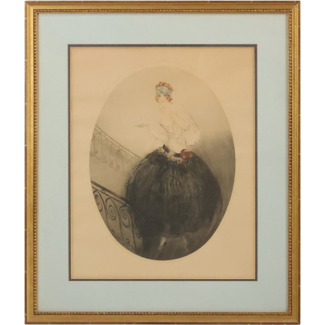 Jean Gilles (In the Style of Louis Icart), "Bon Joir" Circa 1920 Oval Color Etching, Original Frame (1 of 18)