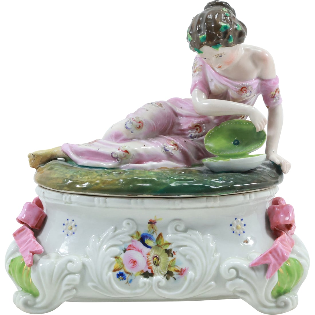 Fine 19th C. German Porcelain Figurative Covered Box Double Inkwell, Reclining Woman Top: Fine 19th C. German Porcelain Figurative Covered Box Double Inkwell, Reclining Woman Top. size: 7.75 in. x 7.25 in.