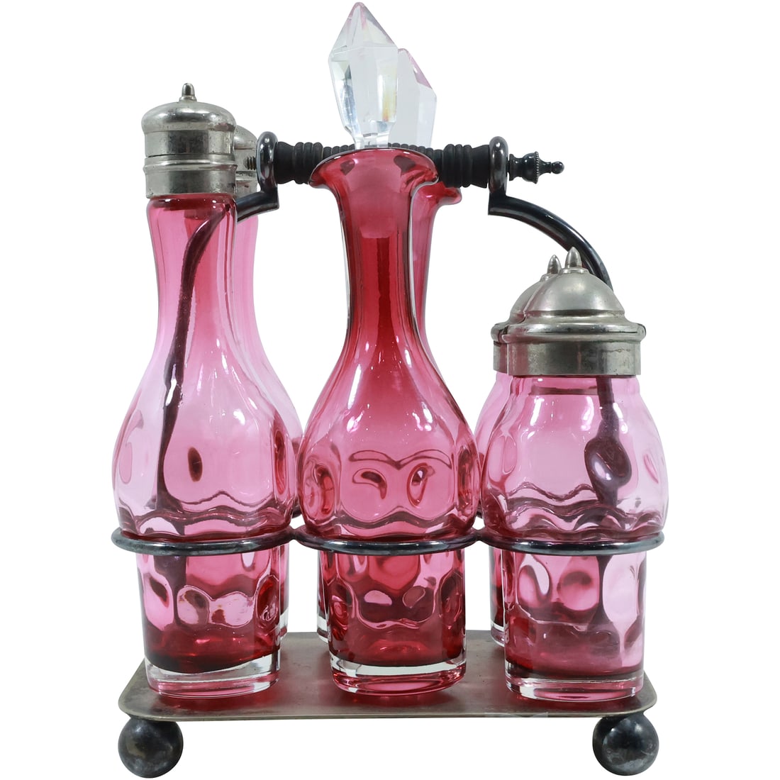 19th C. D&A Silver Plate Caddy Holder with 3 Cranberry Glass Condiment Bottles (1 of 20)