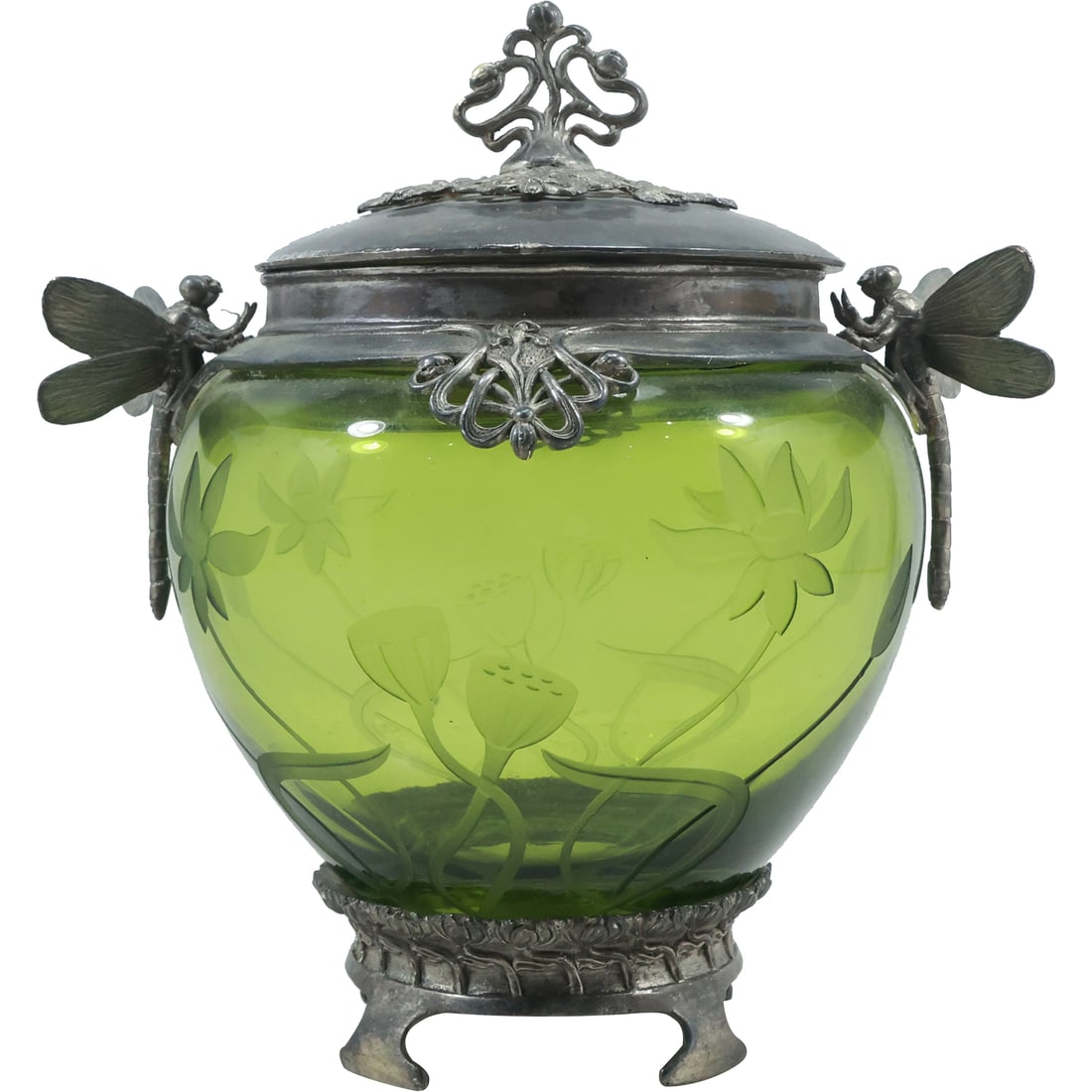 Stunning Art Nouveau Etched Green Glass Bisquit Jar with Silver Plate Dragonflies 10 in. x 8 in. (1 of 16)