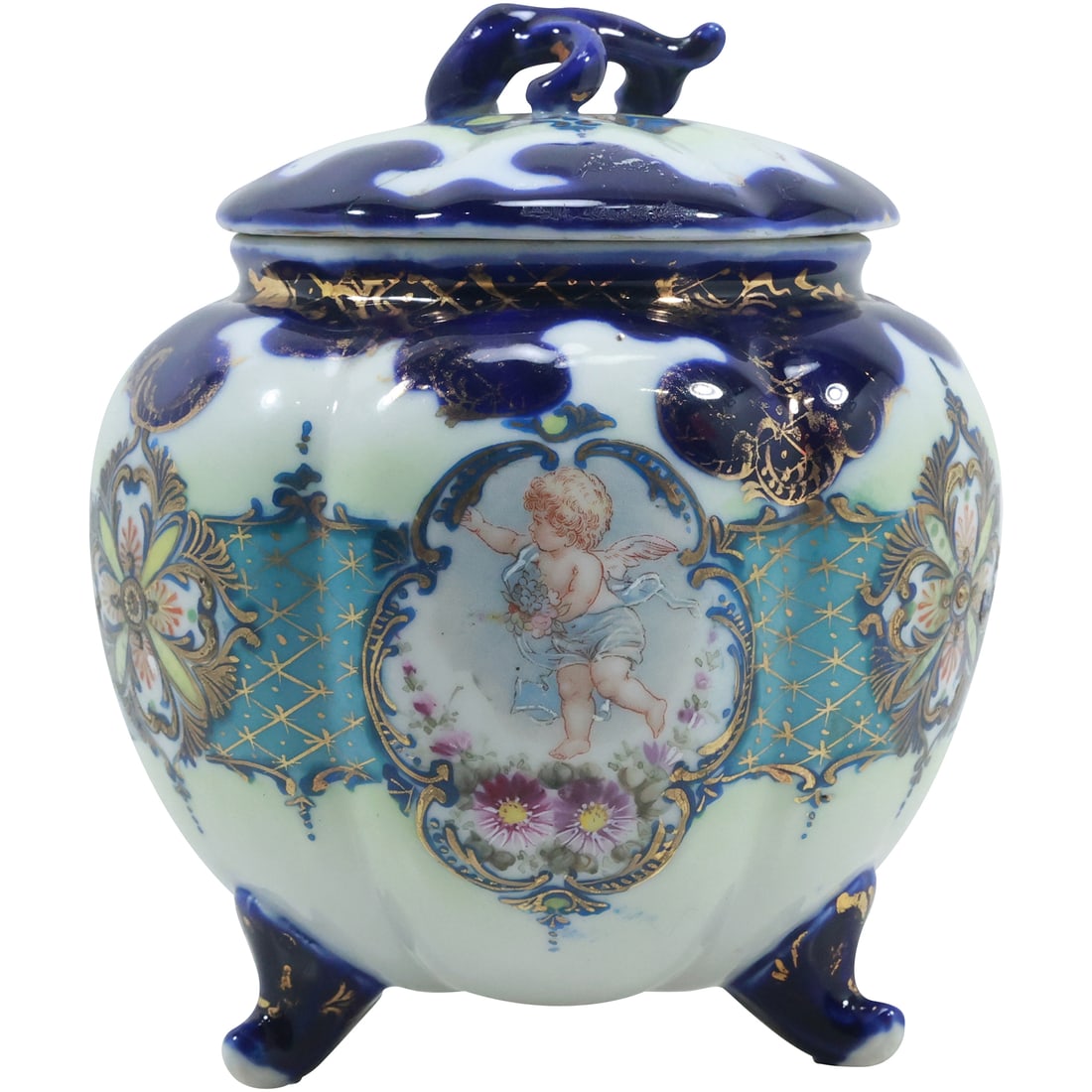 NP CROWN mark Porcelain Bisquit Jar Flow Blue Accents and Scene 6.5 in. x 5.5 in. (1 of 18)