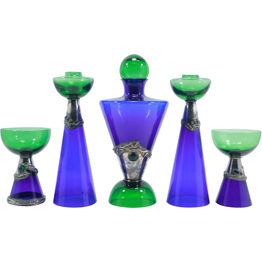 [5] Assorted Green and Blue Glass with Silver Band Mounts Bottle, Candlesticks, Chalices: [5] Assorted Green and Blue Glass with Silver Band Mounts Bottle, Candlesticks, Chalices. size: height ranges from 6 in. to 12 in.