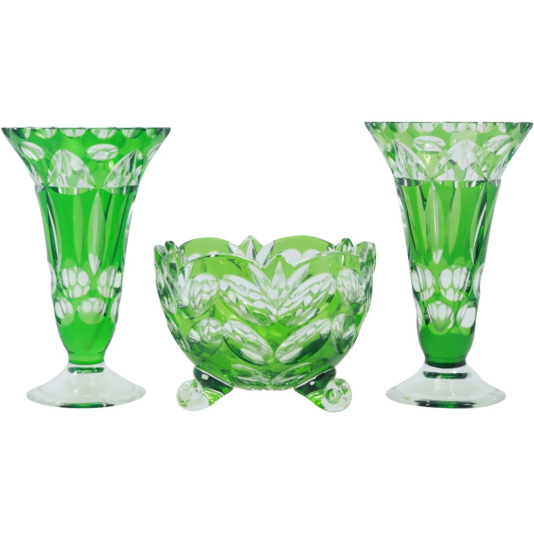 [3] Quality Bohemian Green Cut Glass Two Vases and Green Cut Glass Bowl Vase (1 of 14)