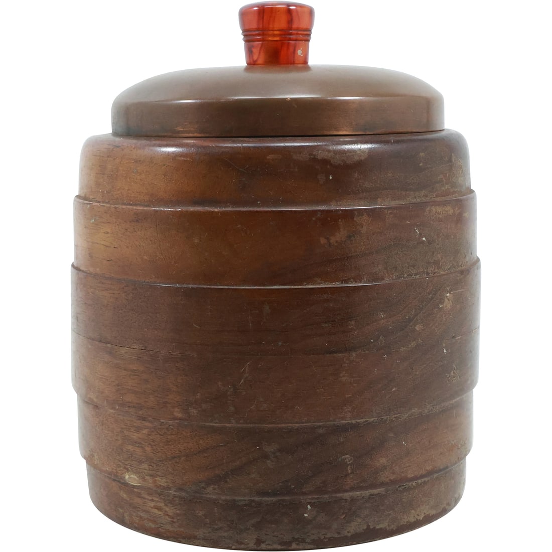 Vintage Circa 1920s  Wooden Tobacco Jar with Tin Cover Bakelite Finial 6.25 in. height x 5 in. wide (1 of 18)