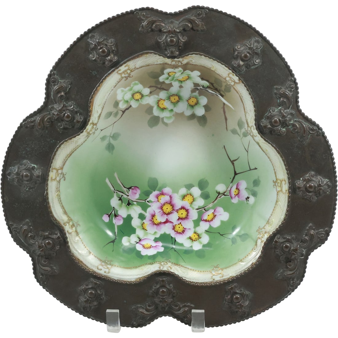 NIPPON Porcelain Hand Painted Floral Shaped Bowl Mounted in Bass Wall Mount 13.75 in. diameter: NIPPON Porcelain Hand Painted Floral Shaped Bowl Mounted in Bass Wall Mount 13.75 in. diameter. size: 2.25 in. x 13.75 in.