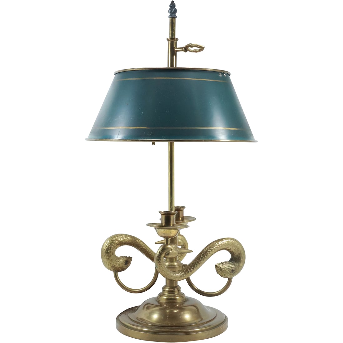 FRENCH EMPIRE STYLE BRASS & TOLE BOUILLOTTE LAMP Curling Swan Necks 26 in. height (1 of 20)