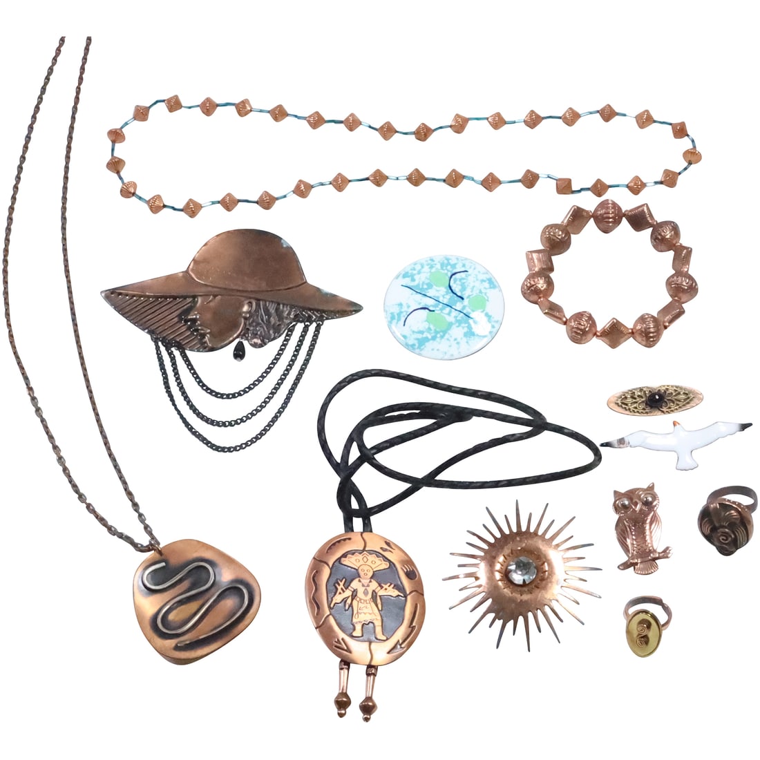 Estate Grouping of 12 Pieces Assorted Vintage Copper Jewelry Pins, Bracelets, Rings, Necklaces (1 of 20)