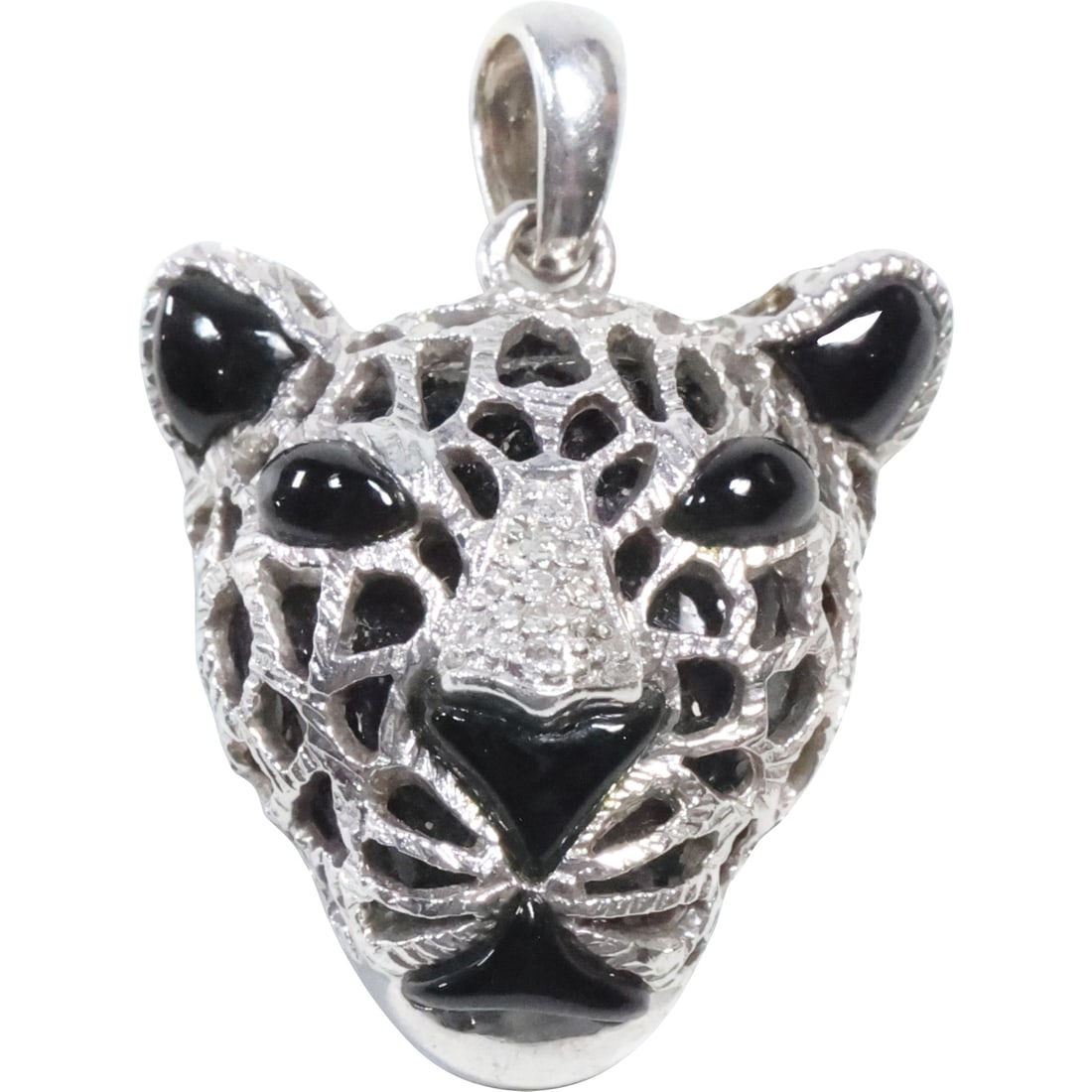 KN .925 Sterling Silver Black Onyx CAT FACE with10 Diamonds Nose Pendant 1 1/4 in. x 1 in. (1 of 12)