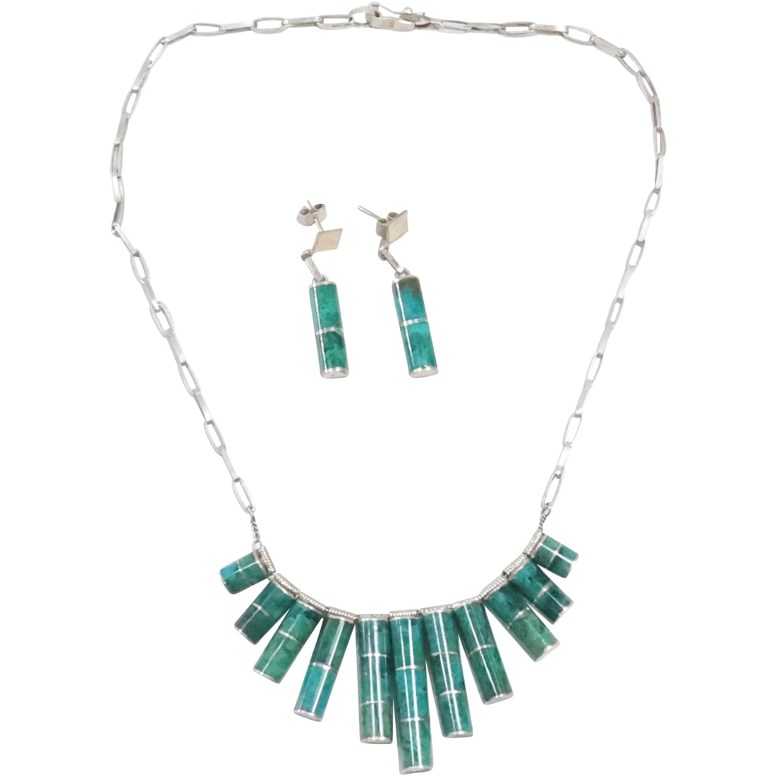 .925 Sterling Silver with Malachite 3-Piece Necklace Earrings Set Handmade (1 of 18)