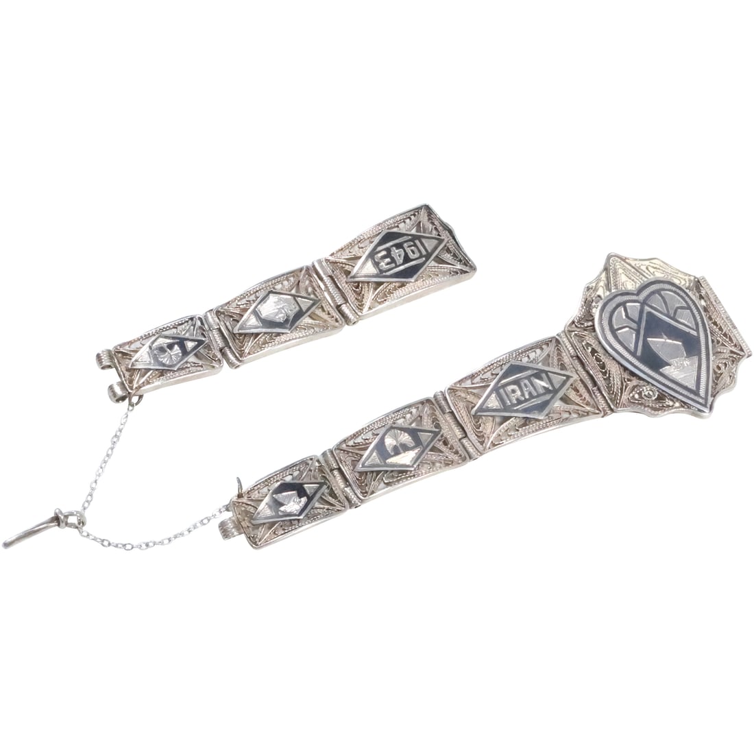 1943 Iran Niello Silver Bracelet [as-is]; 7 1/8 in. x 1 5/8 in.: 1943 Iran Niello Silver Bracelet [as-is]; 7 1/8 in. x 1 5/8 in.
