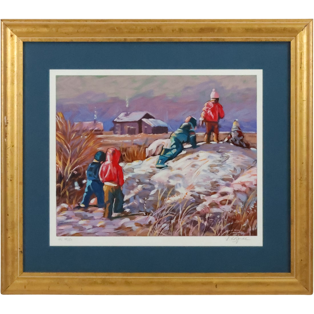 Littorio Del Signore. Canada, Lithograph Winter Playful Children on Mound. Pencil Signed (1 of 20)
