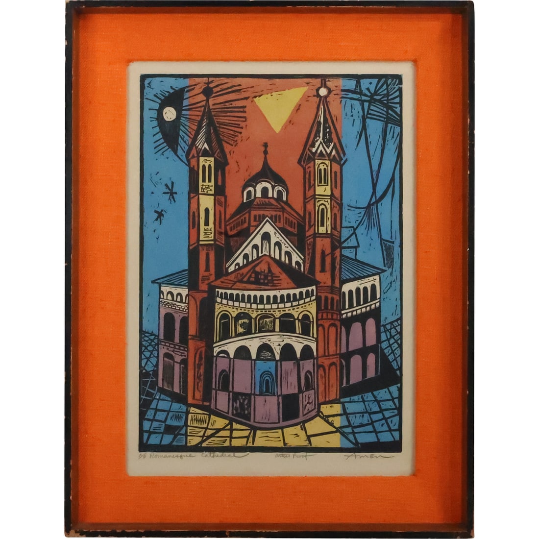Irving Amen, American, Color Woodcut, Artist's Proof, "Romanesque Cathedral", Framed (1 of 20)
