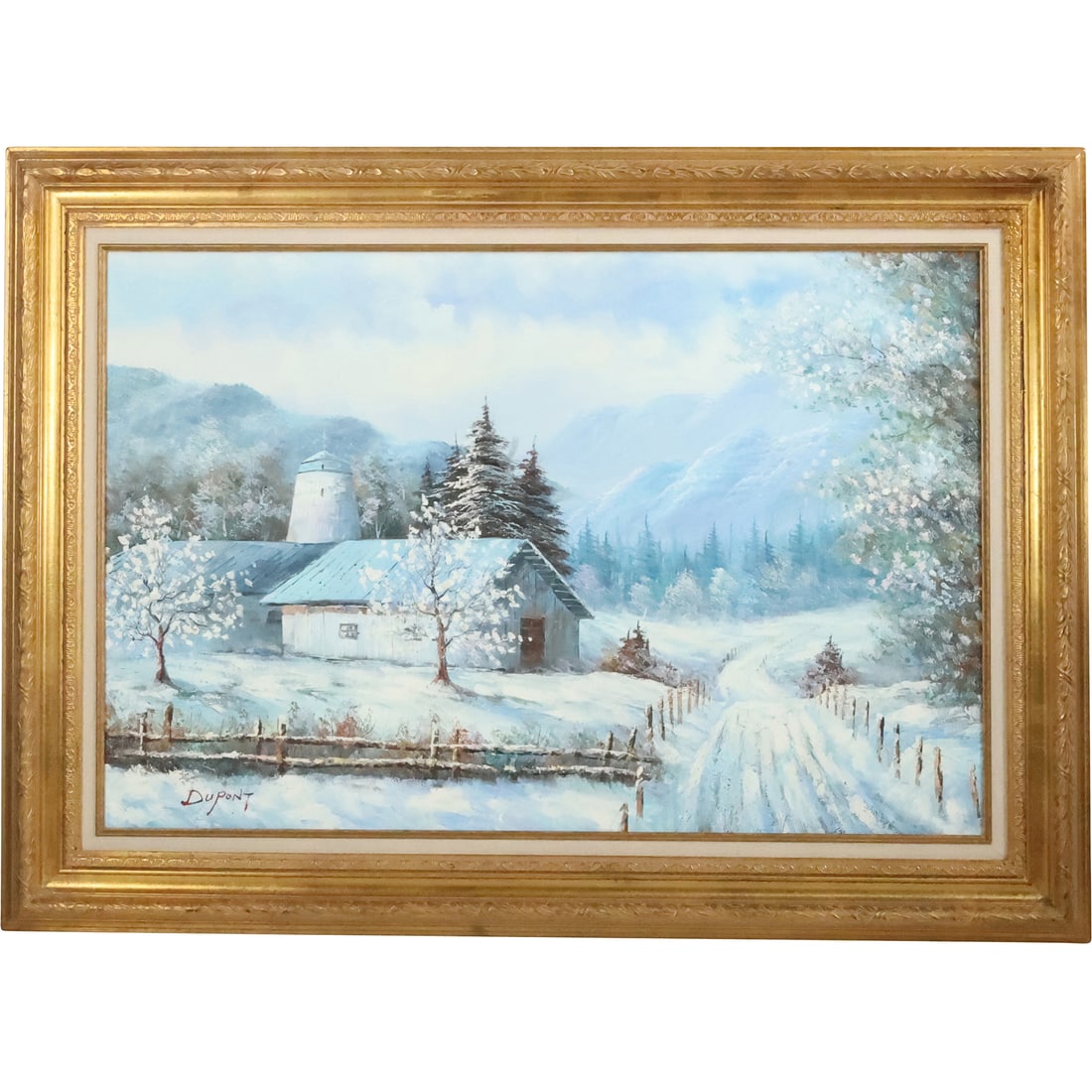 Dupont, Oil on Canvas Painting Winter Landscape with Farm Barn Buildings, Framed (1 of 19)