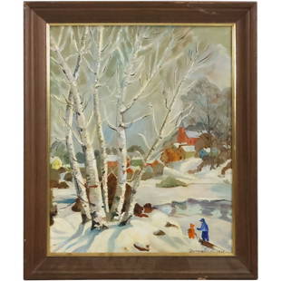 Nancy Lee 1969, Oil Painting, Winter Landscape, Birch Trees, Hilltop Village, Children with Sled: Nancy Lee 1969, Oil Painting, Winter Landscape, Birch Trees, Hilltop Village, Children with Sled. size: 20 x 16, 24 x 20 outside frame