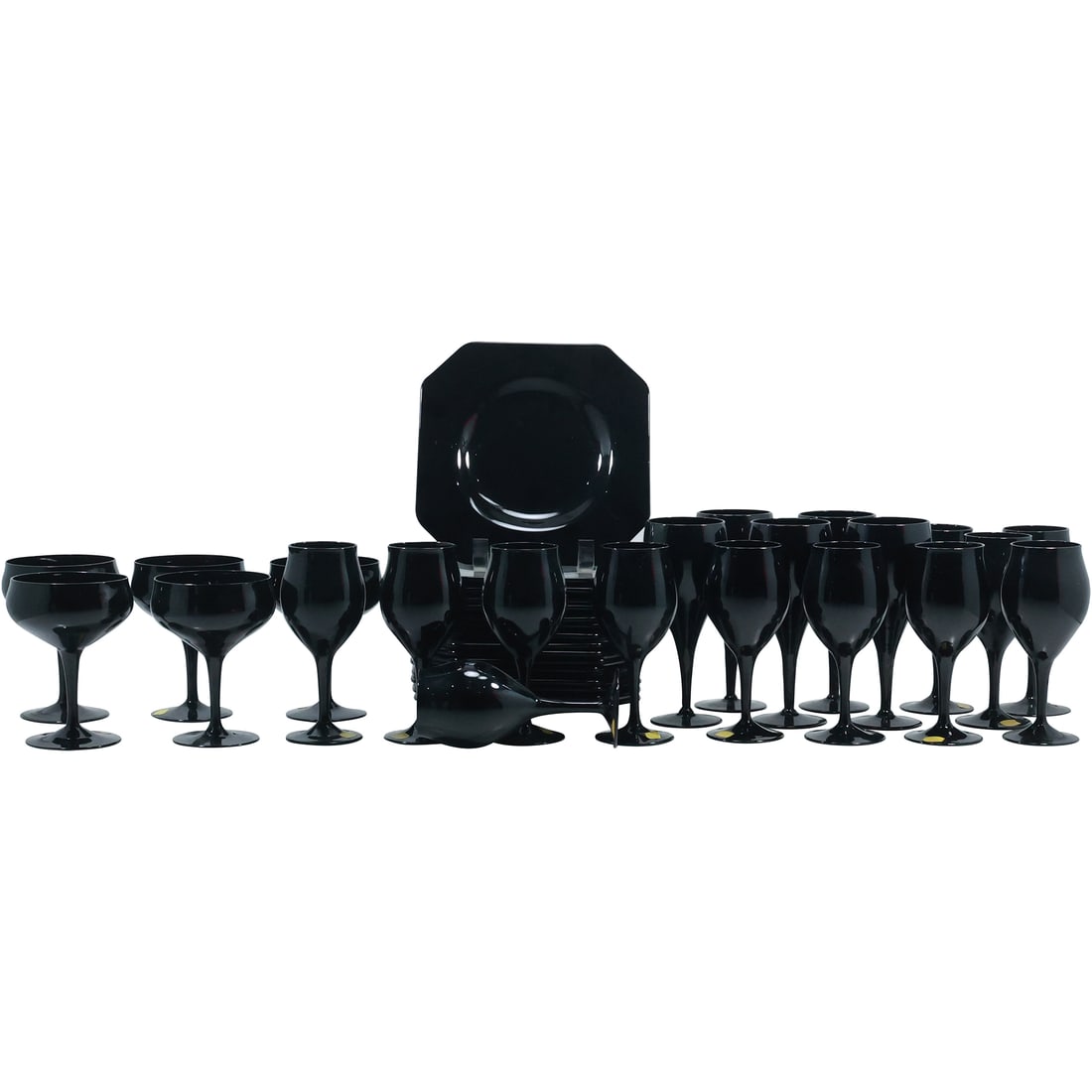 37 Pieces Western Germany BLACK GLASS Luncheon Plates and Assorted Size Stemware Glasses (1 of 20)