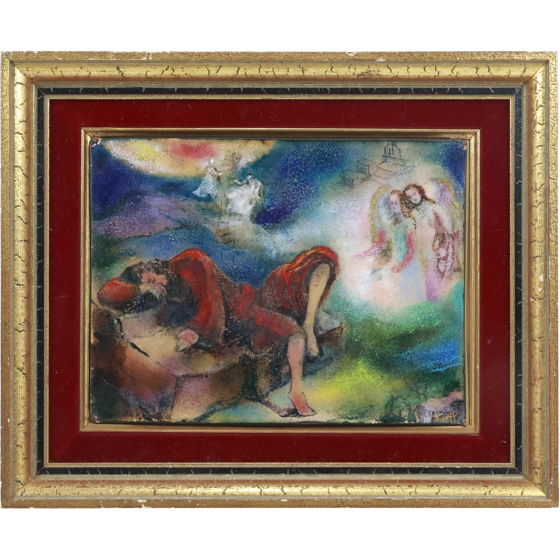 Signed Turoff, Enamel Art on Copper Framed, Reclining Rabbi with Angels 10 in. x 12 in. (1 of 18)