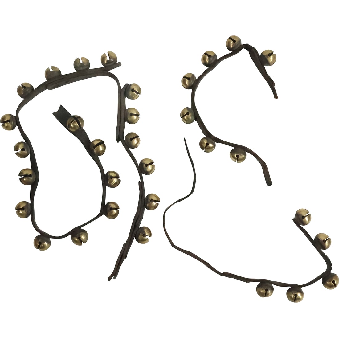 [3] Antique BRASS SLEIGH BELLS on Leather Straps in 2 Size Lengths 43 in. and 18.5 in. (1 of 18)