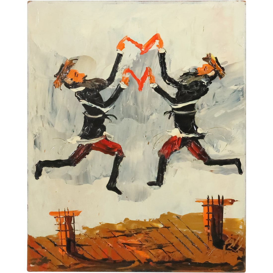 Morris Katz 1979, Jewish American, Acrylic Painting Jewish Men Rejoicing, Dancing on Rooftop (1 of 20)