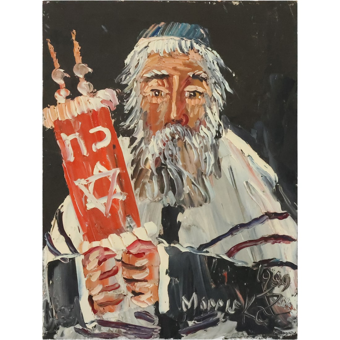 Morris Katz 1989, Jewish American, Acrylic Painting, Portrait  Rabbi Holding The Torah (1 of 20)