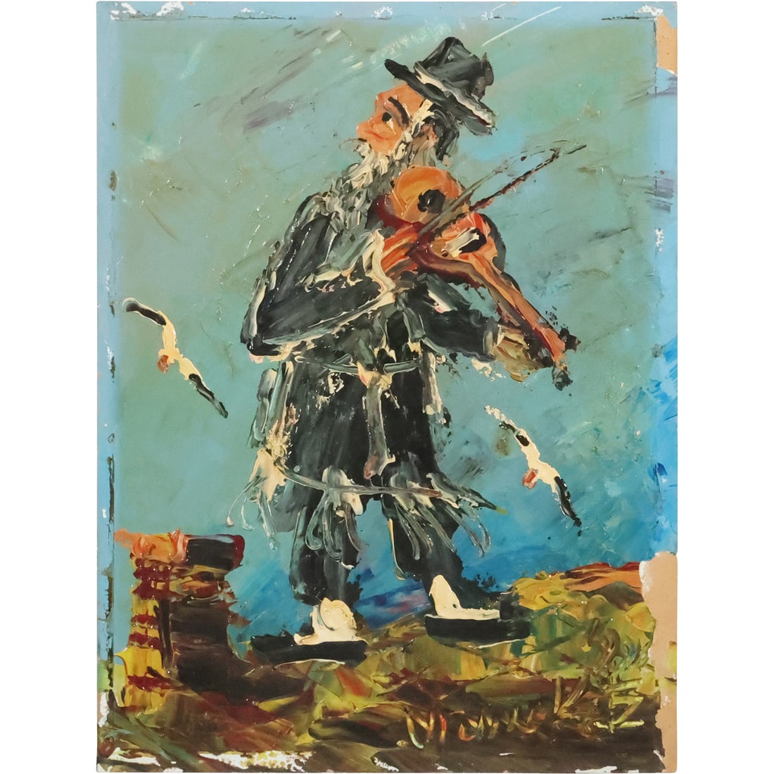 Morris Katz 1991, Jewish American, Acrylic Painting, Jewish Violinist on Rooftop: Morris Katz 1991, Jewish American, Acrylic Painting, Jewish Violinist on Rooftop. Well Listed Artist. size: 16 x 12. ASKart: Morris Katz (born Moshe Katz on March 5, 1932 in Galicia, Poland, died Nove