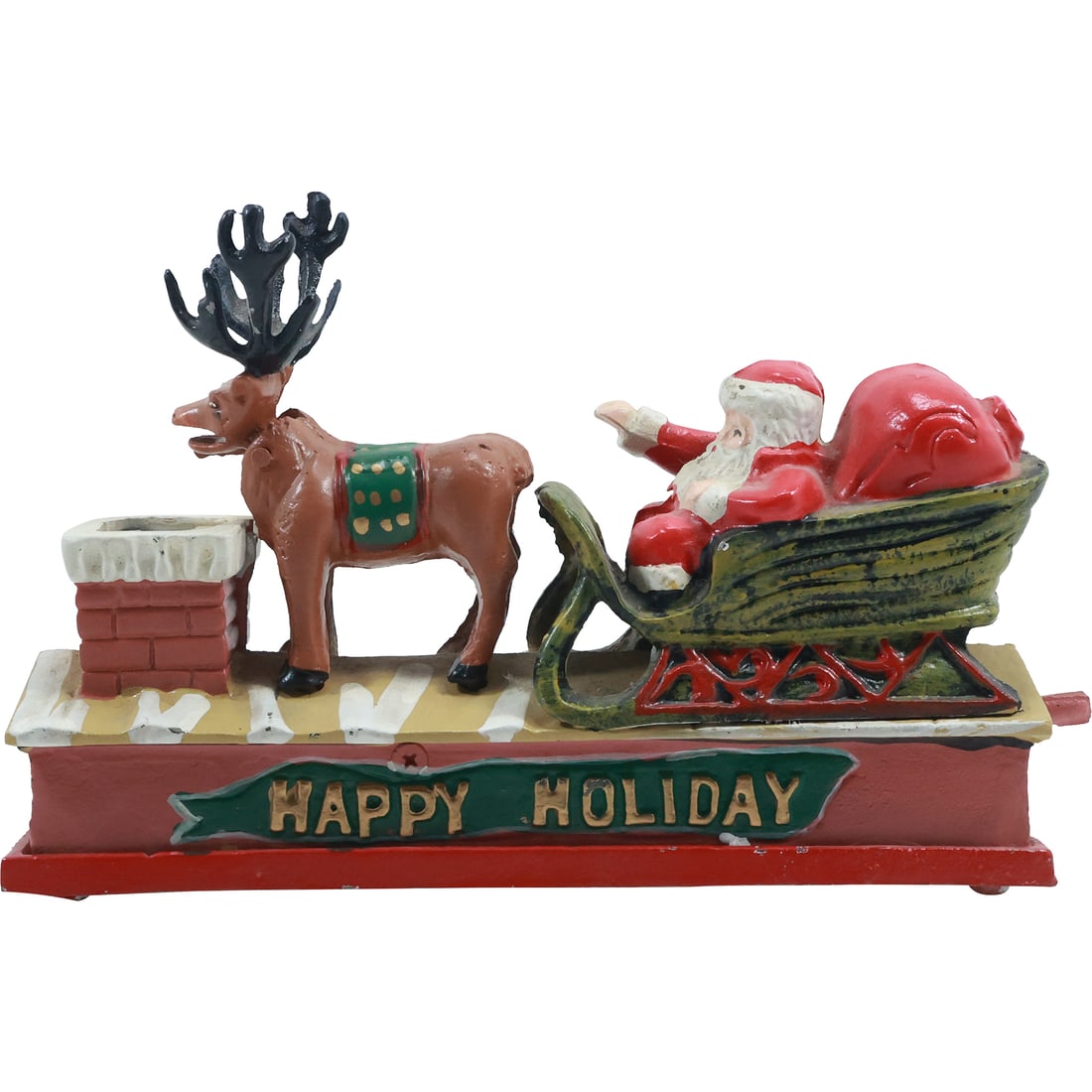 Novelty Cast Iron "Happy Holiday" Santa Sleigh Mechanical Coin Bank in Original Paint (1 of 18)