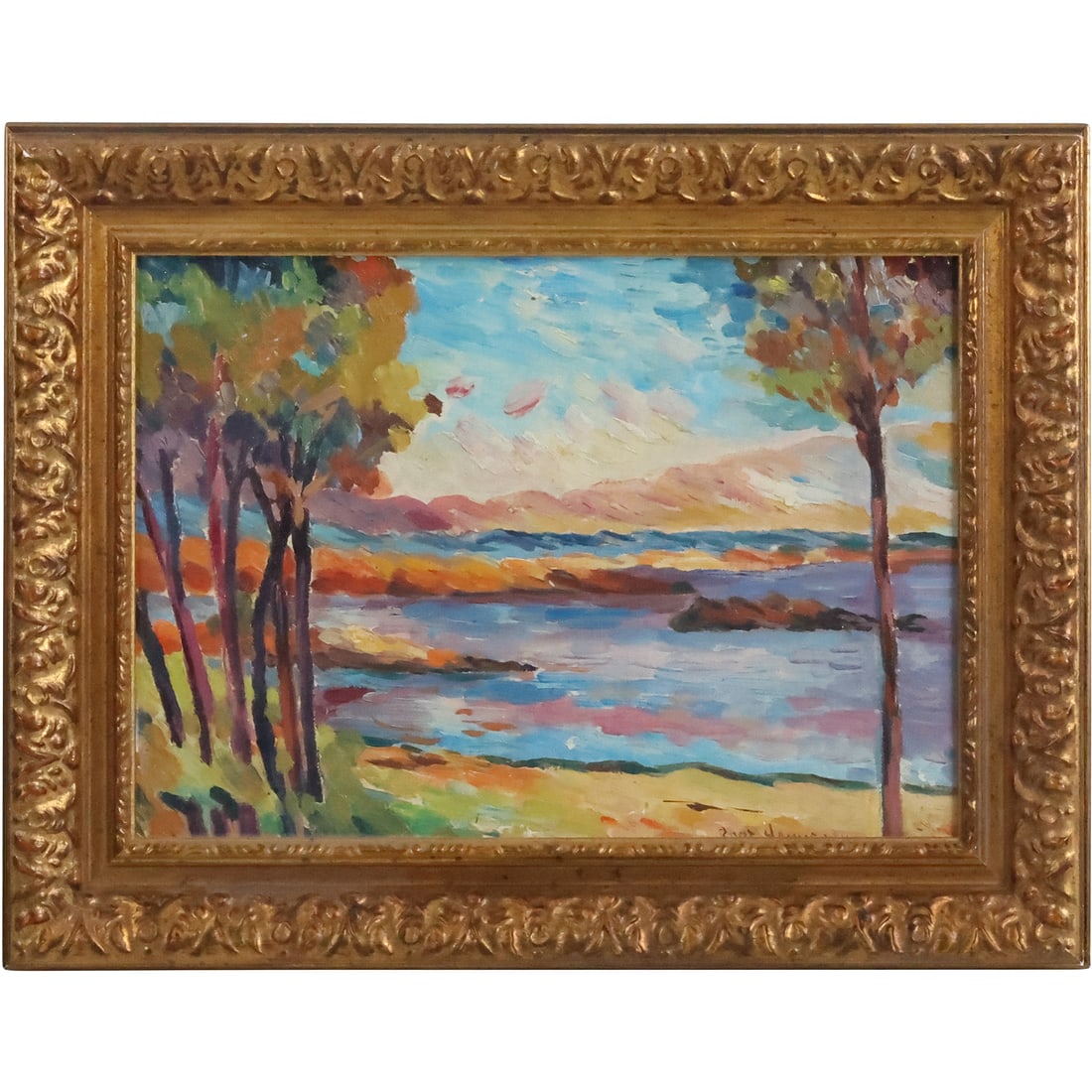 Artist Signed Illegible, Impressionism Oil Painting Landscape River Scene (1 of 19)