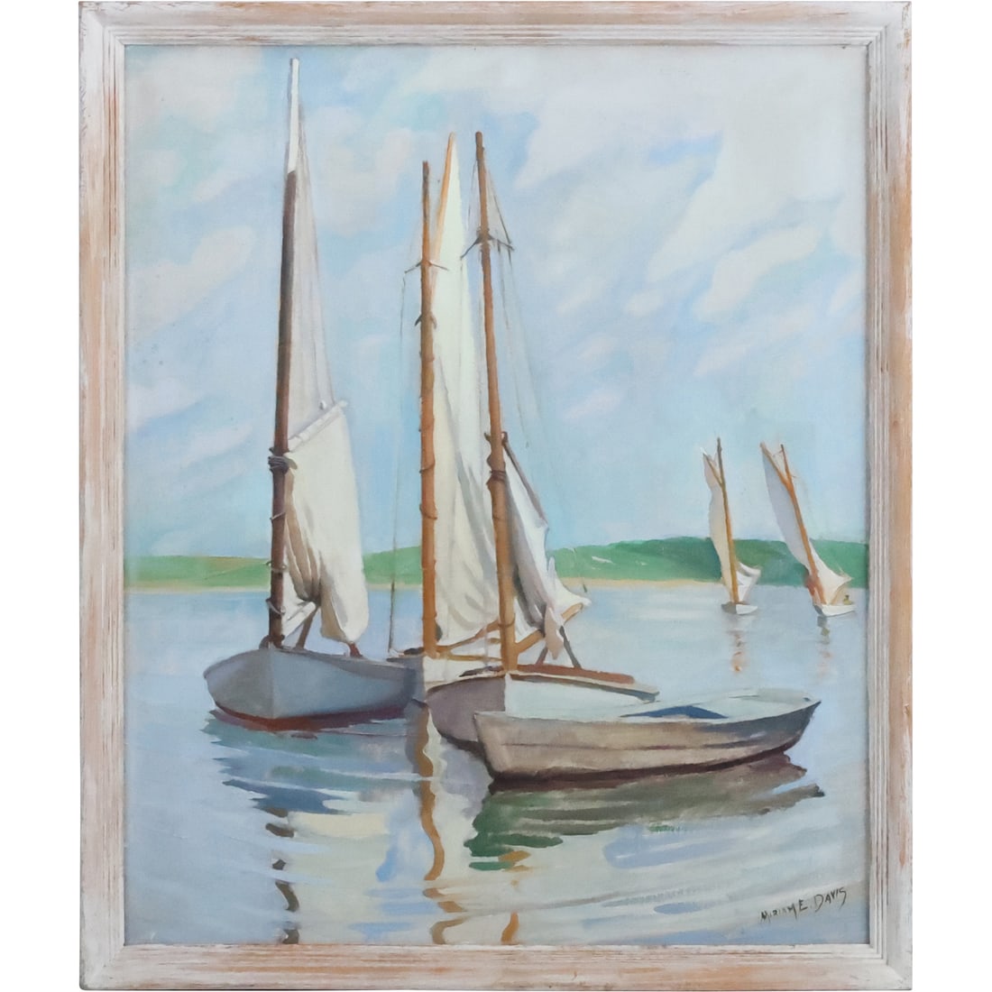 Mariam E Davis, Circa 1950 Oil on Canvas Painting Sailboats in The Bay, Framed (1 of 20)