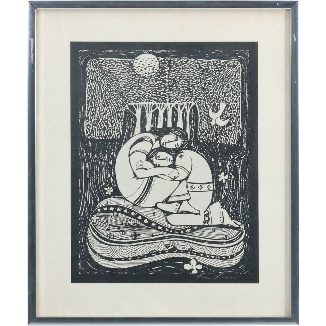 Woodblock Print Native Couple with Moon, Dove and Trees, Artist Signed Illegible, Framed: Woodblock Print Native Couple with Moon, Dove and Trees, Artist Signed Illegible, Framed. size: 17 x 14, 17.5 x 14.5 outside frame