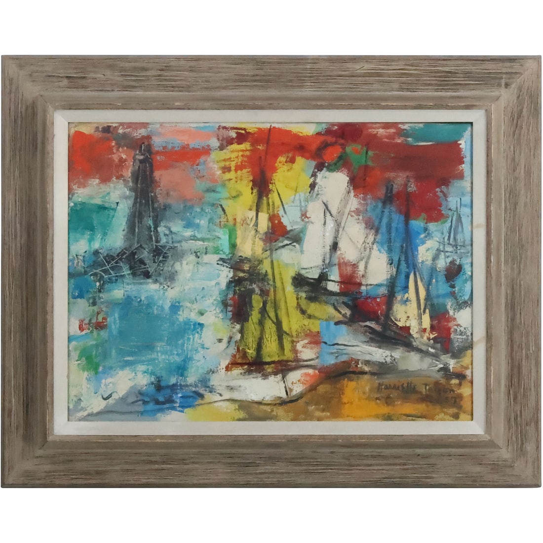 Harriette Triton 1957, Oil on Canvas Painting Abstract Boats in The Bay (1 of 20)