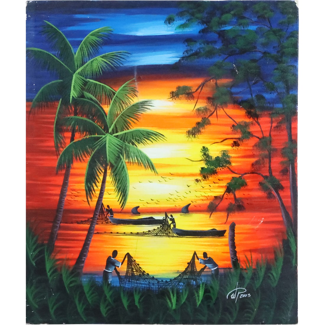 Signed W P, Oil on Canvas Painting South Pacific Sunset Landscape Figures Holding Fishing Net (1 of 20)