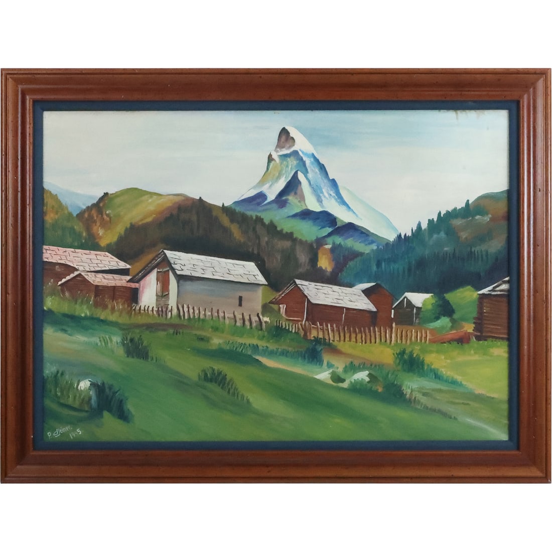 P Steiner 1945, Oil Painting Farm in Mountainous Valley Landscape: P Steiner 1945, Oil Painting Farm in Mountainous Valley Landscape. size: 21 x 29, 24 x 32 outside frame